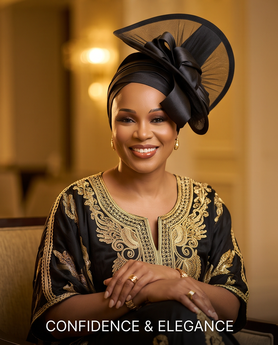 A smiling woman wearing a black traditional outfit with ornate gold embroidery and a matching black fascinator headpiece, posed indoors against a softly lit beige background. The text 'CONFIDENCE & ELEGANCE' appears at the bottom.