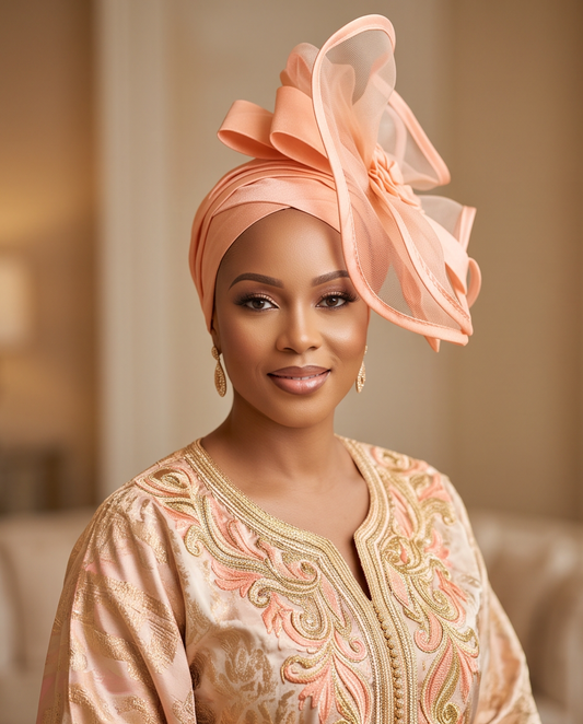A woman wearing a peach and gold embroidered traditional outfit with a large matching sheer headpiece, photographed in a softly lit indoor setting.