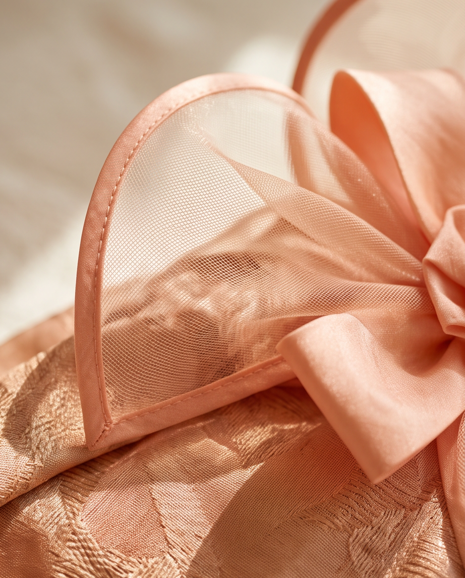 A close-up of a peach-colored formal hat featuring a large satin bow, sheer mesh trim, and textured fabric, set against a softly lit neutral background.