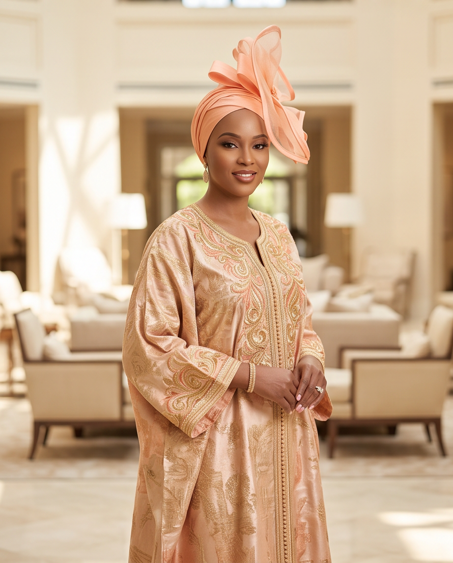 A woman wearing a peach and gold embroidered traditional outfit with a matching large headwrap, standing in a softly lit indoor lounge setting.