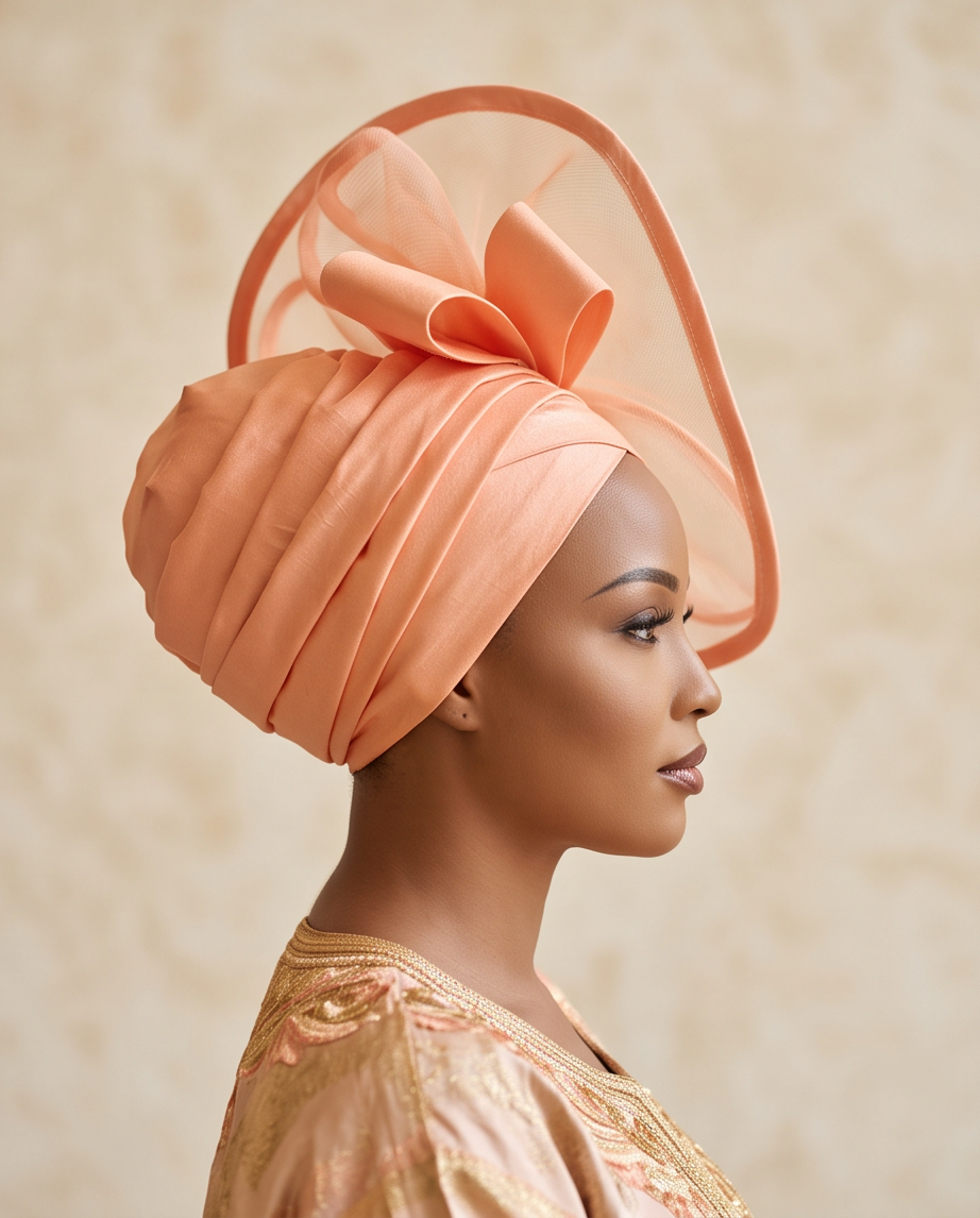 A woman in profile wearing a peach-colored pleated headwrap with a large matching bow and veil, paired with a gold embroidered top against a soft beige textured background.