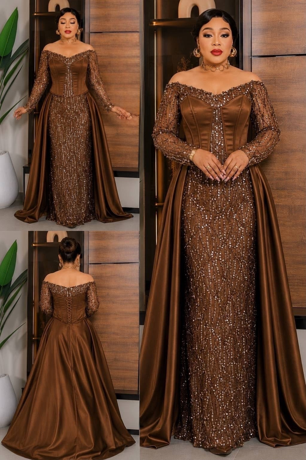 A woman modeling an off-the-shoulder brown evening gown with long sheer lace sleeves, a fitted bodice covered in beaded sequins, and a flowing satin train. The collage shows multiple views of the same dress, including front, back, and side angles, in an indoor setting with wood paneling.