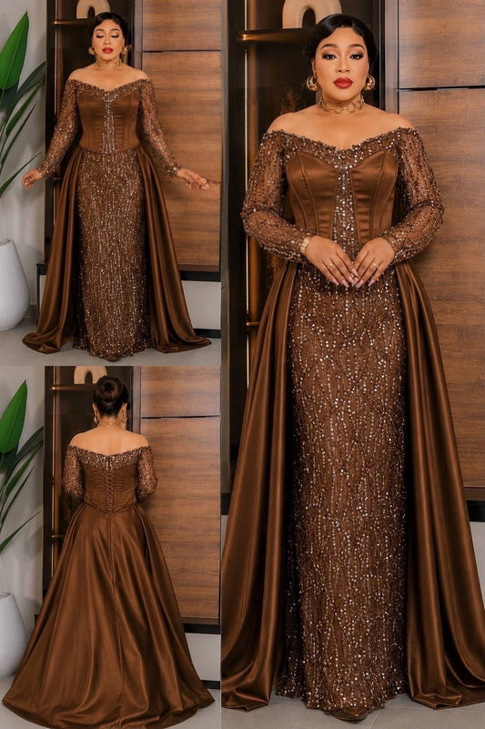 A woman modeling an off-the-shoulder brown evening gown with long sheer lace sleeves, a fitted bodice covered in beaded sequins, and a flowing satin train. The collage shows multiple views of the same dress, including front, back, and side angles, in an indoor setting with wood paneling.