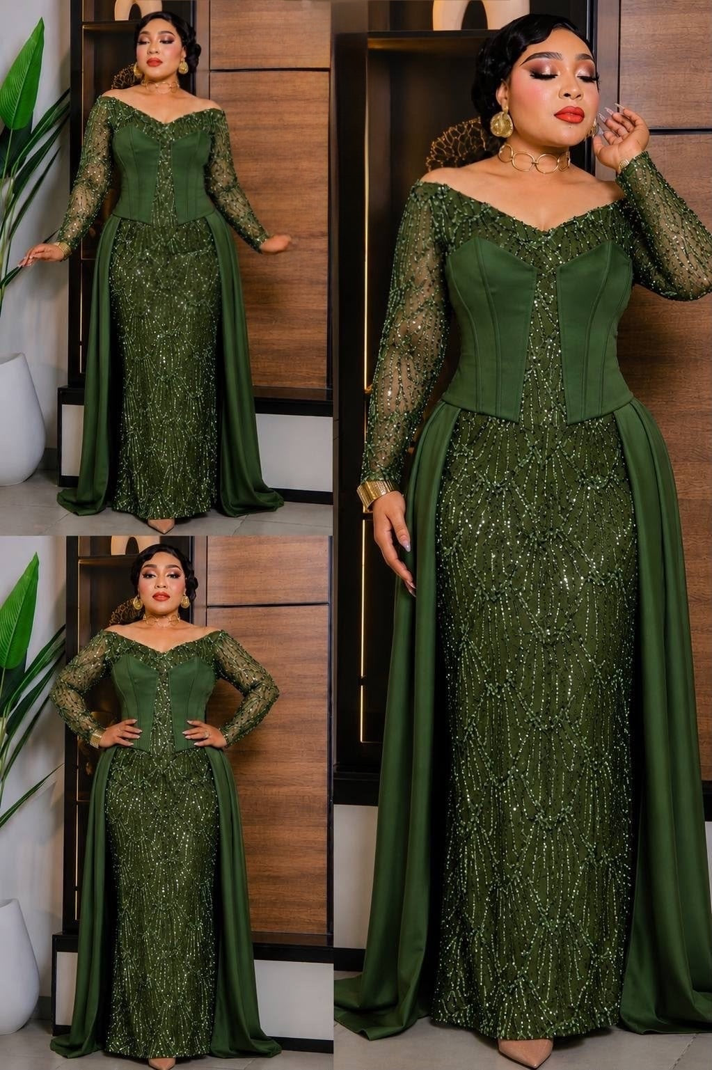 A woman modeling an off-the-shoulder long-sleeve formal gown in olive green with sequined beaded detailing and a matching draped overskirt, shown in a multi-panel collage against an indoor wooden door background.