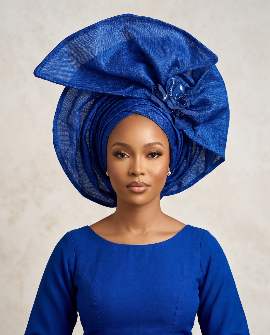 A woman wearing an elaborate royal blue headwrap and matching blue dress, photographed against a soft beige textured background.