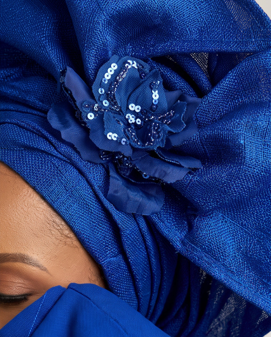 A close-up of a royal blue headwrap or turban with a decorative sequined flower applique, worn by a model whose eye and cheek are visible.