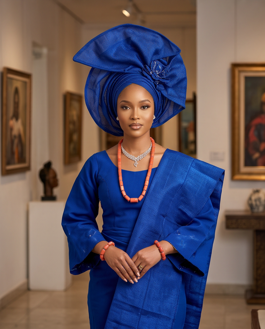 A woman stands in an indoor gallery wearing a vivid royal blue traditional outfit with a large matching headwrap and a coral-orange beaded necklace and bracelets. Framed wall art and display cases are visible in the softly lit gallery space.