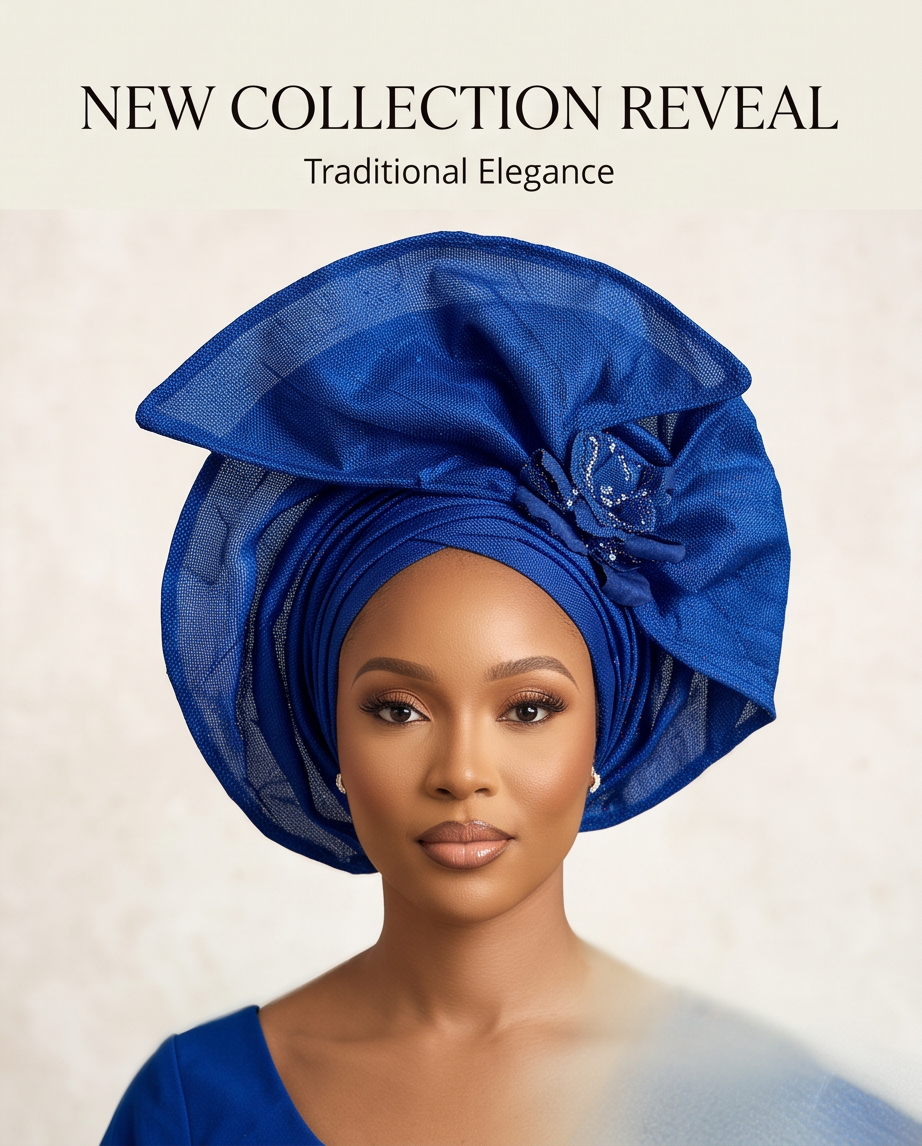 A woman wearing a royal blue traditional headwrap with a large decorative bow and sheer mesh detailing, shown against a light neutral background with the text 'NEW COLLECTION REVEAL' and 'Traditional Elegance' at the top.