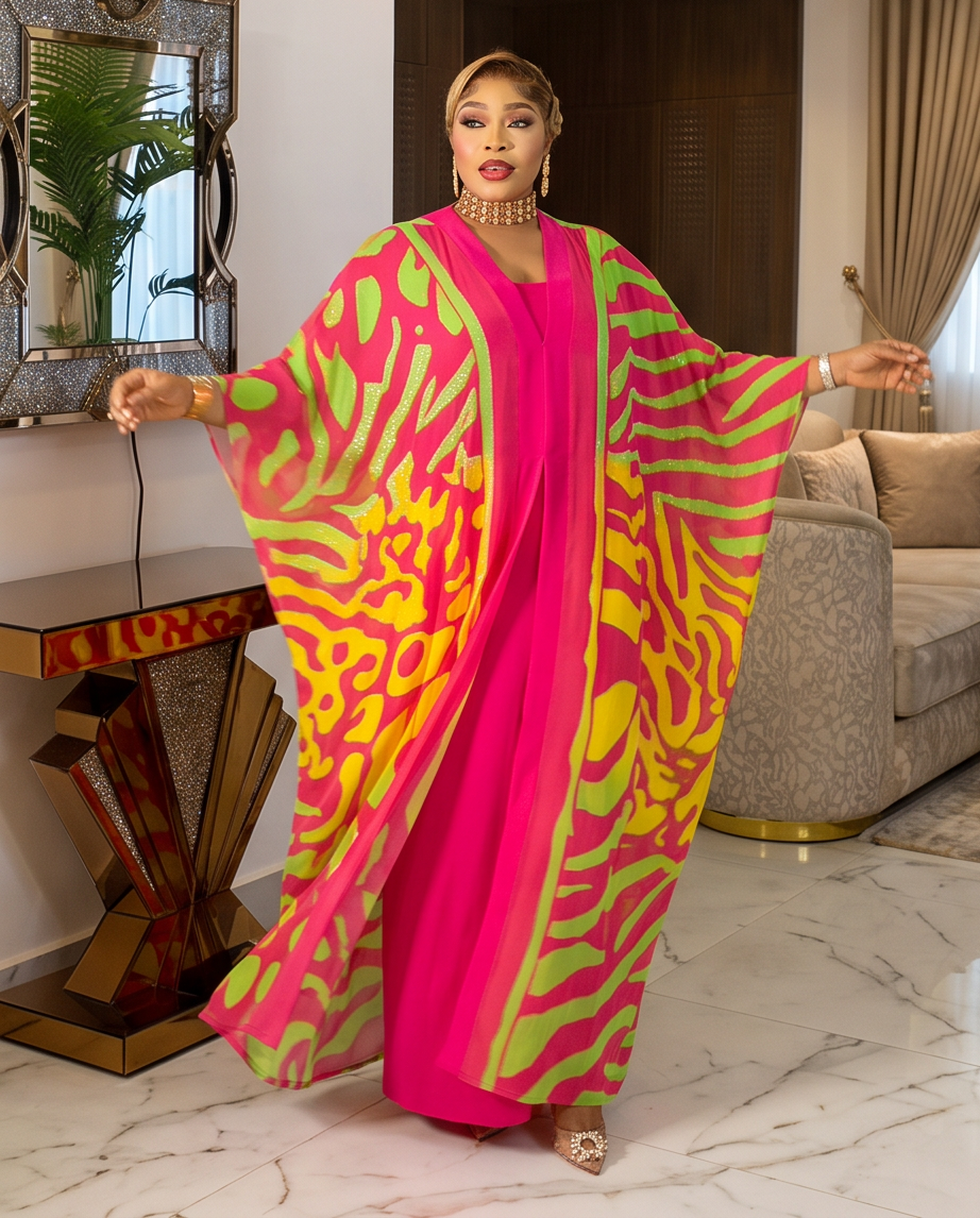A woman modeling a vibrant magenta pink and lime green patterned kaftan dress in a luxurious living room setting with marble floors and a sofa in the background.