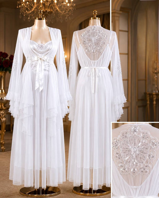 Soft Long Silk Satin Robe Set For Women , Lace Night gown and Robe , Luxury Sleepwear.