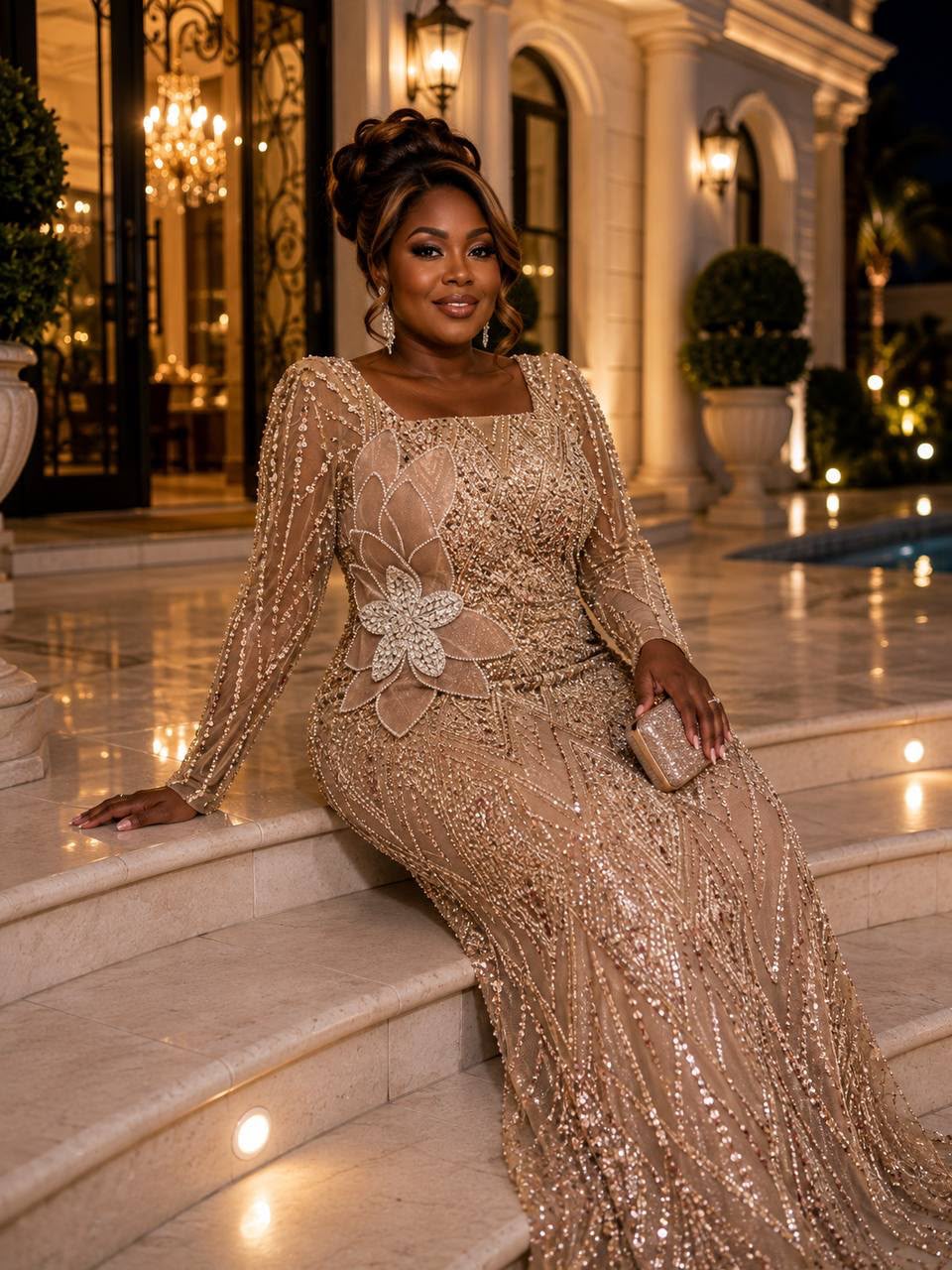 A woman wearing a long-sleeve, heavily embellished champagne-beige evening gown with sequins and beadwork, sitting on stone steps outside a lit villa at night.