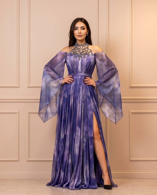 Purple Evening high neck party dress