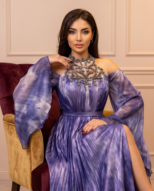 Purple Evening high neck party dress