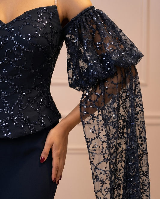 Black Evening Dress, Elegant Sleeve attached Lace party wear.