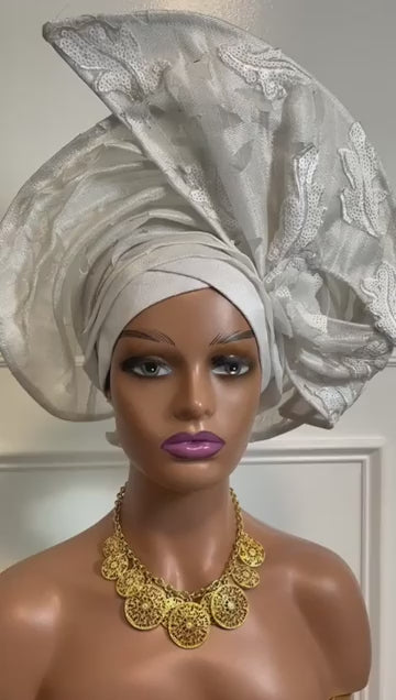 White Auto Gele , Africa  Auto Asoke , Ready made Gele , Bridal Auto  Gele