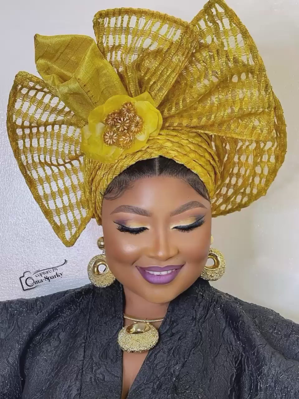 African Ready Made Auto Gele, Rich Mummy Ready Made Auto Gele, Yellow Party Gele