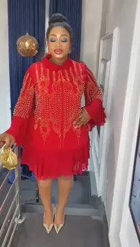 Red Evening Dress , Guest Wedding Dress Birthday party Dress, Maxi pearl Dress