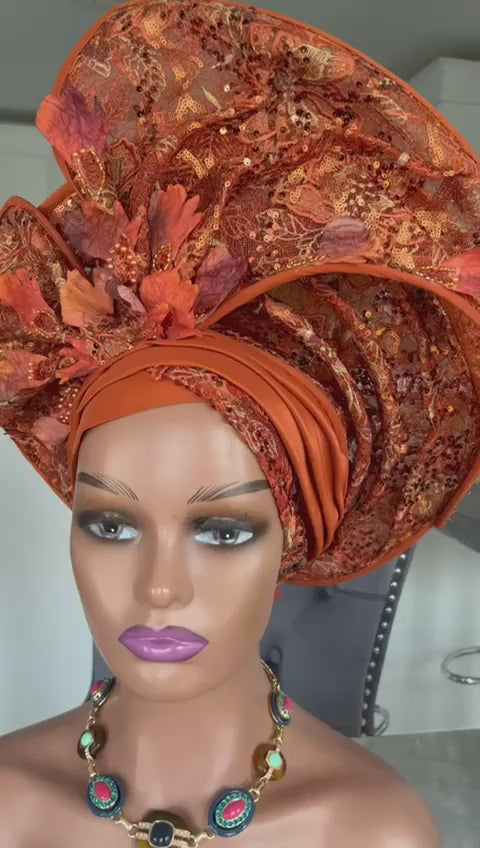 Burnt Orange Auto Gele  African Headgear