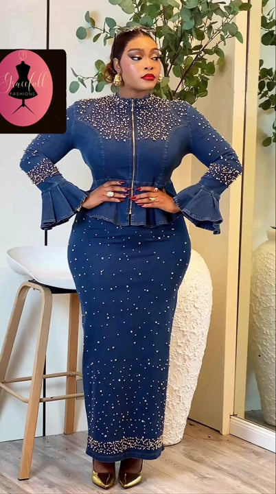 Elegant Denim and Diamond Party Wear